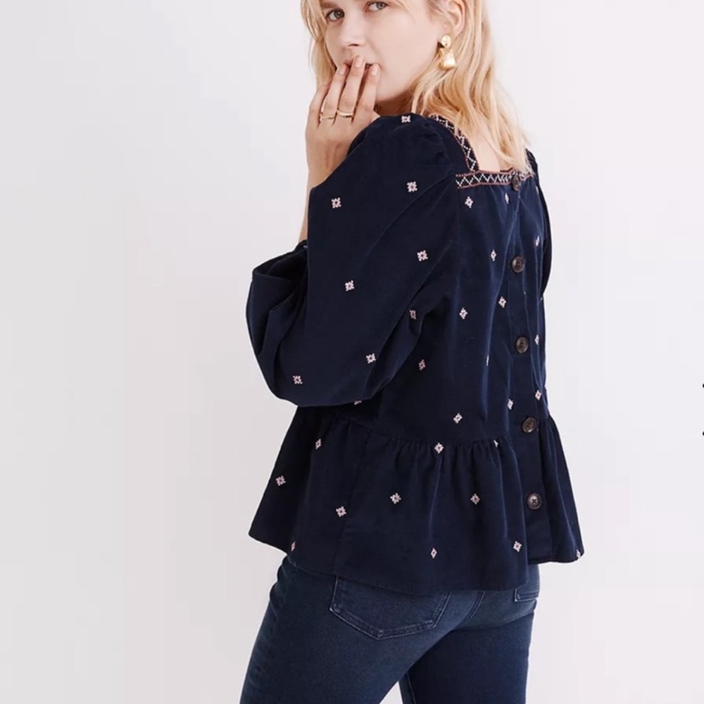 Madewell Embroidered Corduroy Button Back Peplum Top - Picture 6 of 6